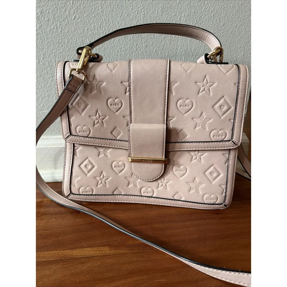 Aldo Blush Gold Satchel Handbag Logo Shape Printed Crossbody